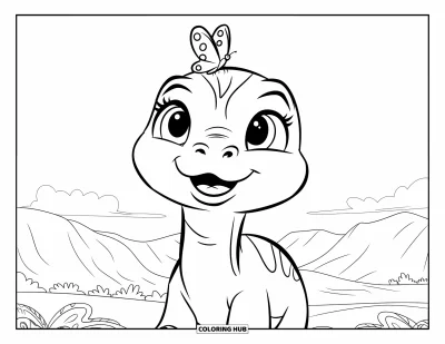 Tegning af babydinosaurer til børn: Glad brontosaurus ser op på en sommerfugl mens den står i et fredeligt landskab