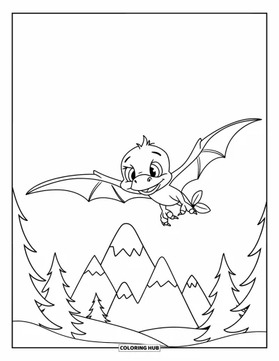 Tegning af babydinosaurer til børn: Glad pterodaktyl svæver over bjergene mens den holder fast i et blad