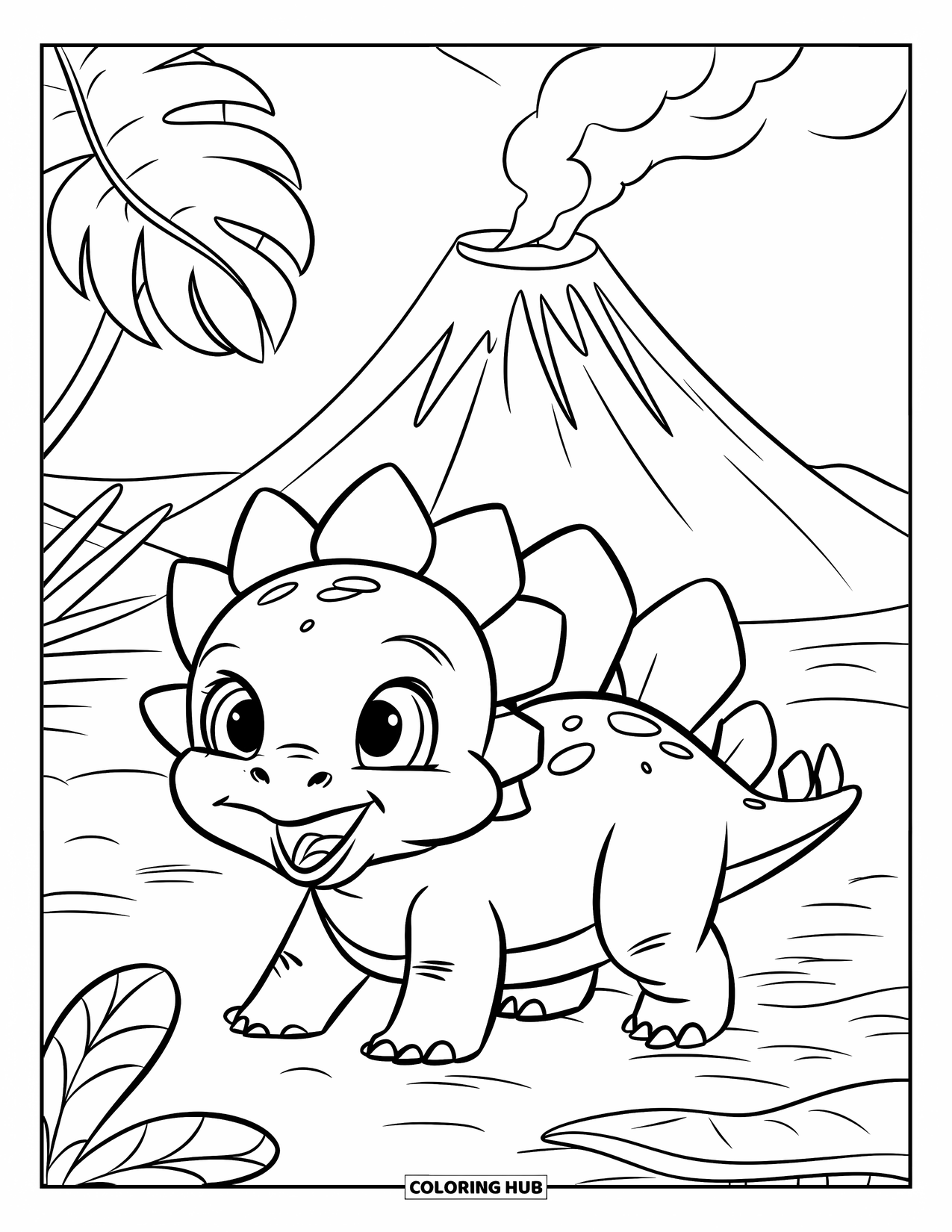 Baby Dinosaur Coloring Page for Kids: Happy stegosaurus in a hat plays near a smoking volcano in a lush landscape