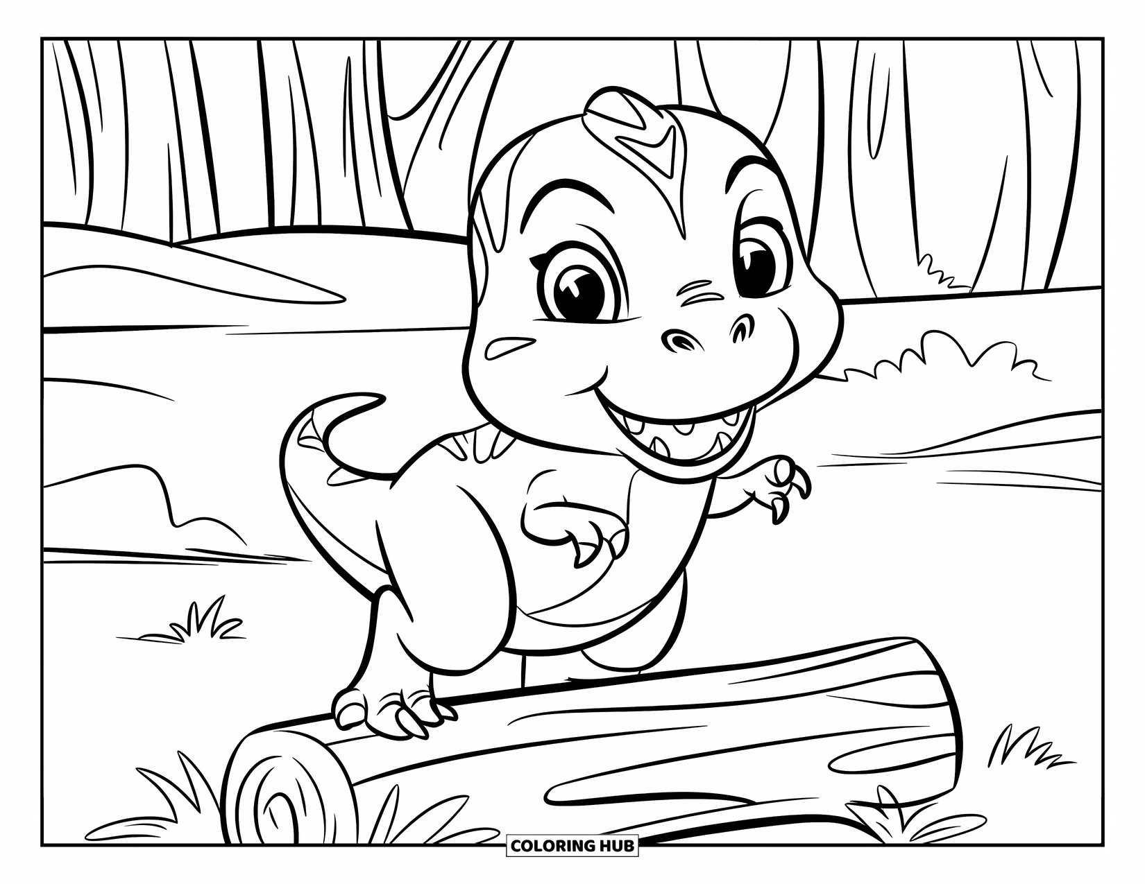 Baby Dinosaur Coloring Page for Kids: Joyful baby T-rex jumps across a log in a grassy clearing