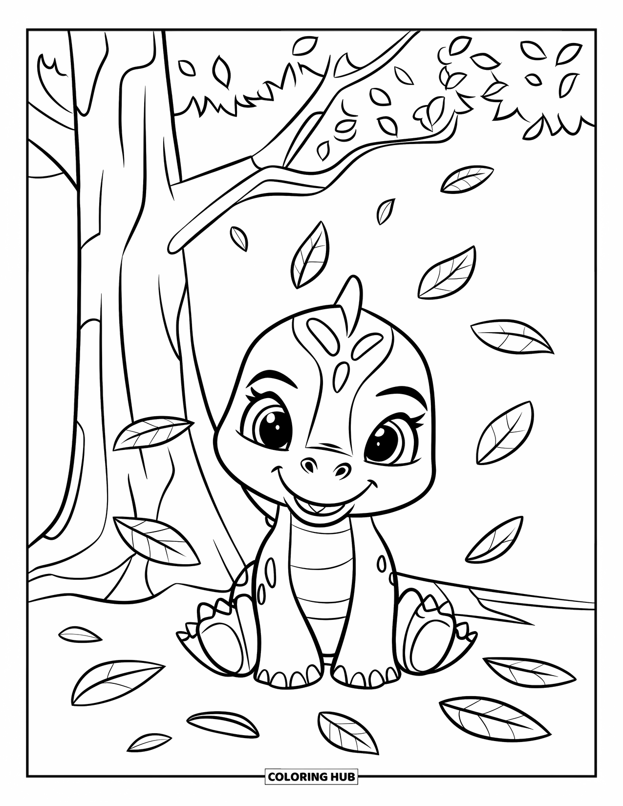 Baby Dinosaur Coloring Page for Kids: Long-legged baby dinosaur rests under a tall tree with scattered leaves all around
