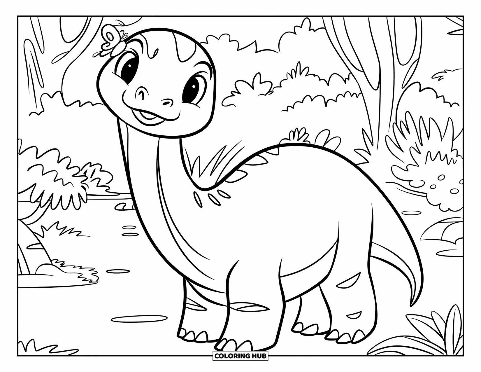Baby Dinosaur Coloring Page for Kids: Long-necked baby brontosaurus watches a butterfly fluttering above its nose in the forest