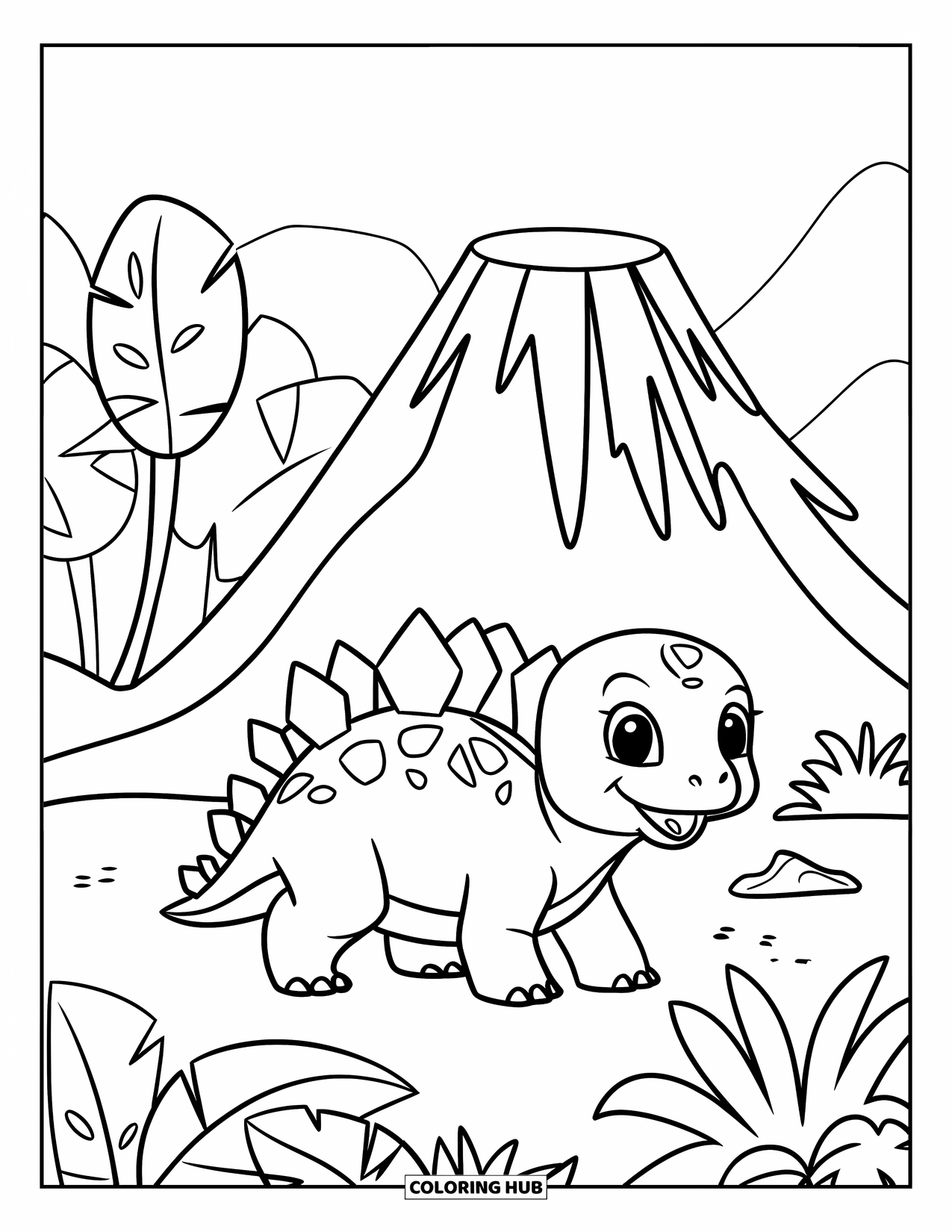 Baby Dinosaur Coloring Page for Kids: Playful baby stegosaurus wanders near a volcano with leafy plants and hills around