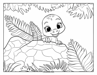 Tegning af babydinosaurer til børn: Legesyg dinosaur kigger frem bag en sten dækket af bregner