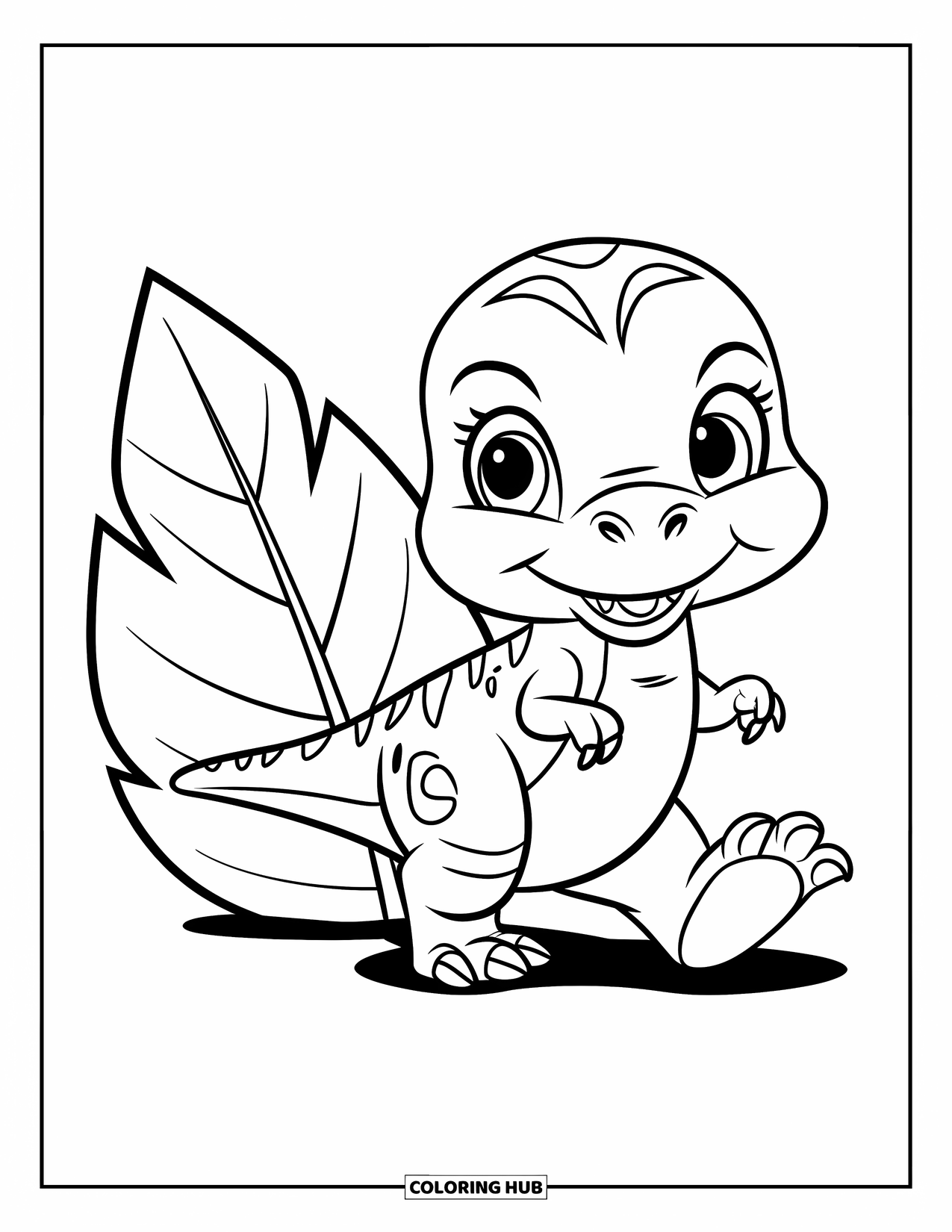 Baby Dinosaur Coloring Page for Kids: Playful T-rex with big feet strolls next to a giant leaf on white ground