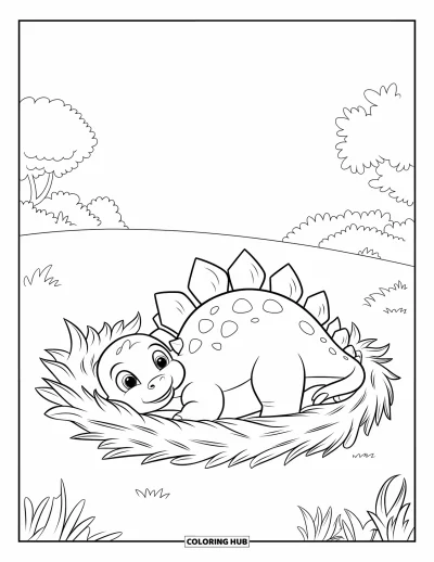 Tegning af babydinosaurer til børn: Afslappet baby-stegosaurus hviler i en bladrede på et stille græsmark