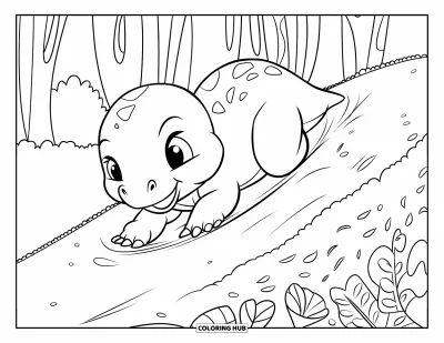 Tegning af babydinosaurer til børn: Rund babydinosaurer glider ned ad en skråning til en blød bladlanding