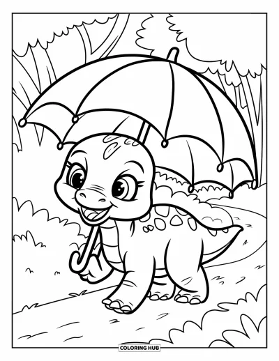 Tegning af babydinosaurer til børn: Smilende lille dinosaur går og holder et stort blad over hovedet på en skovsti