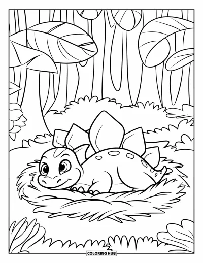 Tegning af babydinosaurer til børn: Smilende baby-stegosaurus ligger på ryggen i en bladrede under høje træer