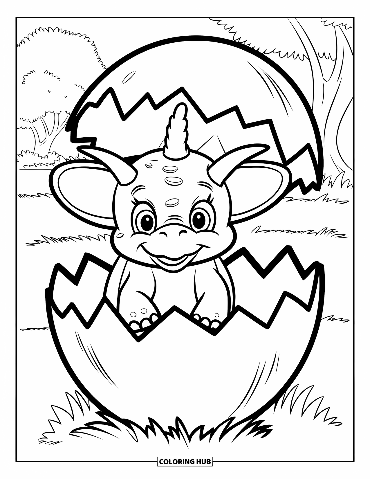Baby Dinosaur Coloring Page for Kids: Smiling triceratops peeks out from a cracked egg on a grassy field