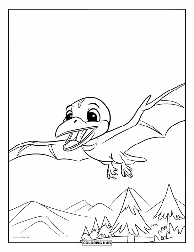 Tegning af babydinosaurer til børn: Den flyvende baby-pterodaktyl bærer noget lille i næbbet over høje træer