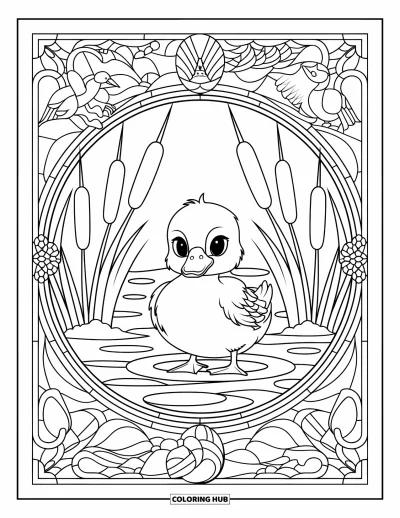 Entenküken-Ausmalbild für Erwachsene: Ein Entenküken ist im Buntglas-Stil mit Pflanzen und weichen Linien gerahmt