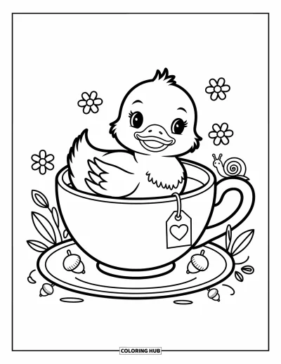 Entenküken-Ausmalbild für Erwachsene: Ein Entenküken schaut aus einer Teetasse heraus, verziert mit Doodle-Blumen und einer kleinen kletternden Schnecke