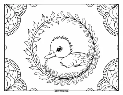 Entenküken-Ausmalbild für Erwachsene: Ein Entenküken entspannt sich in einem Blumenkranz mit detaillierten Mandala-Rändern