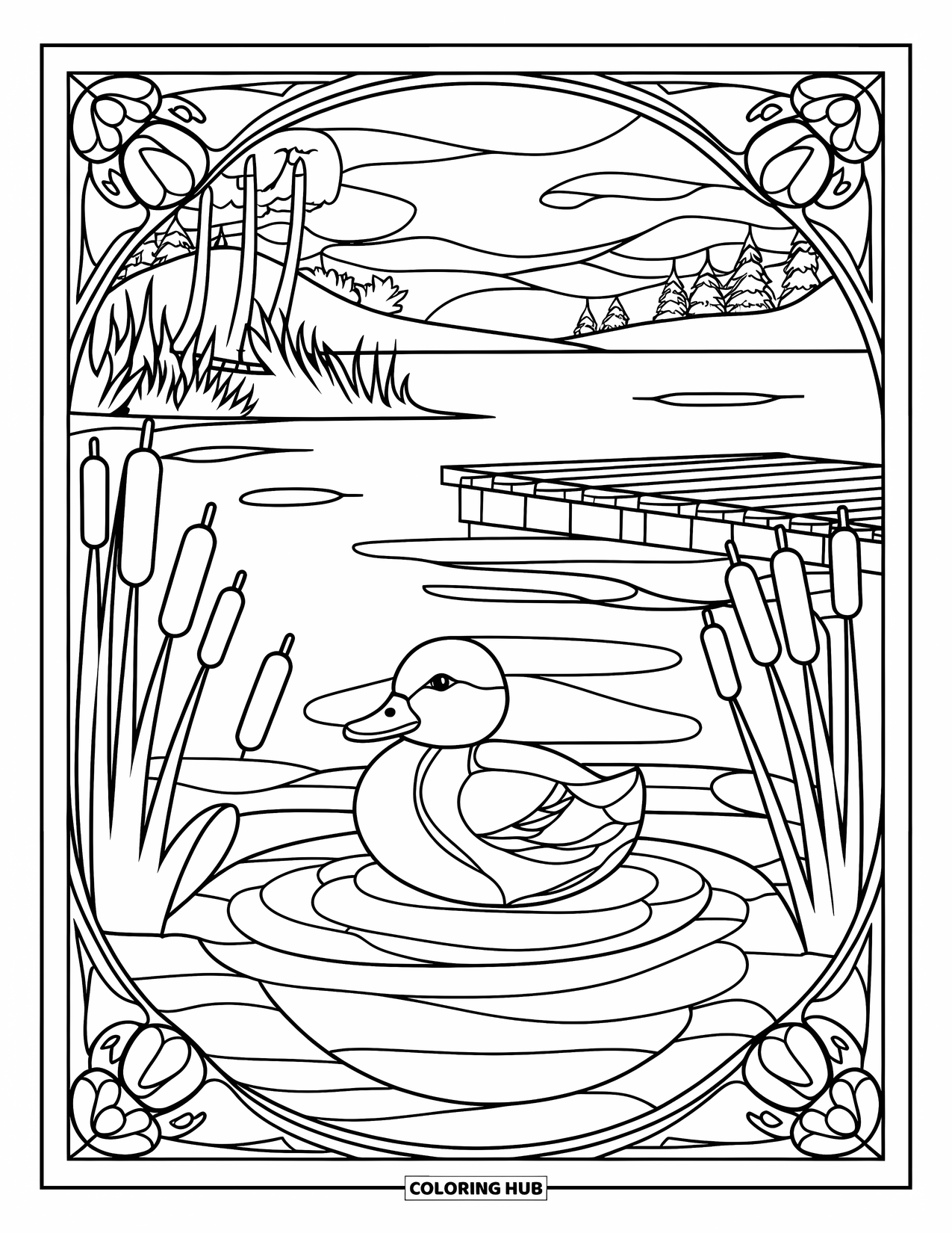 Baby Duck Coloring Page for Adults: A baby duck rests in stained glass with cattails and a lake scene
