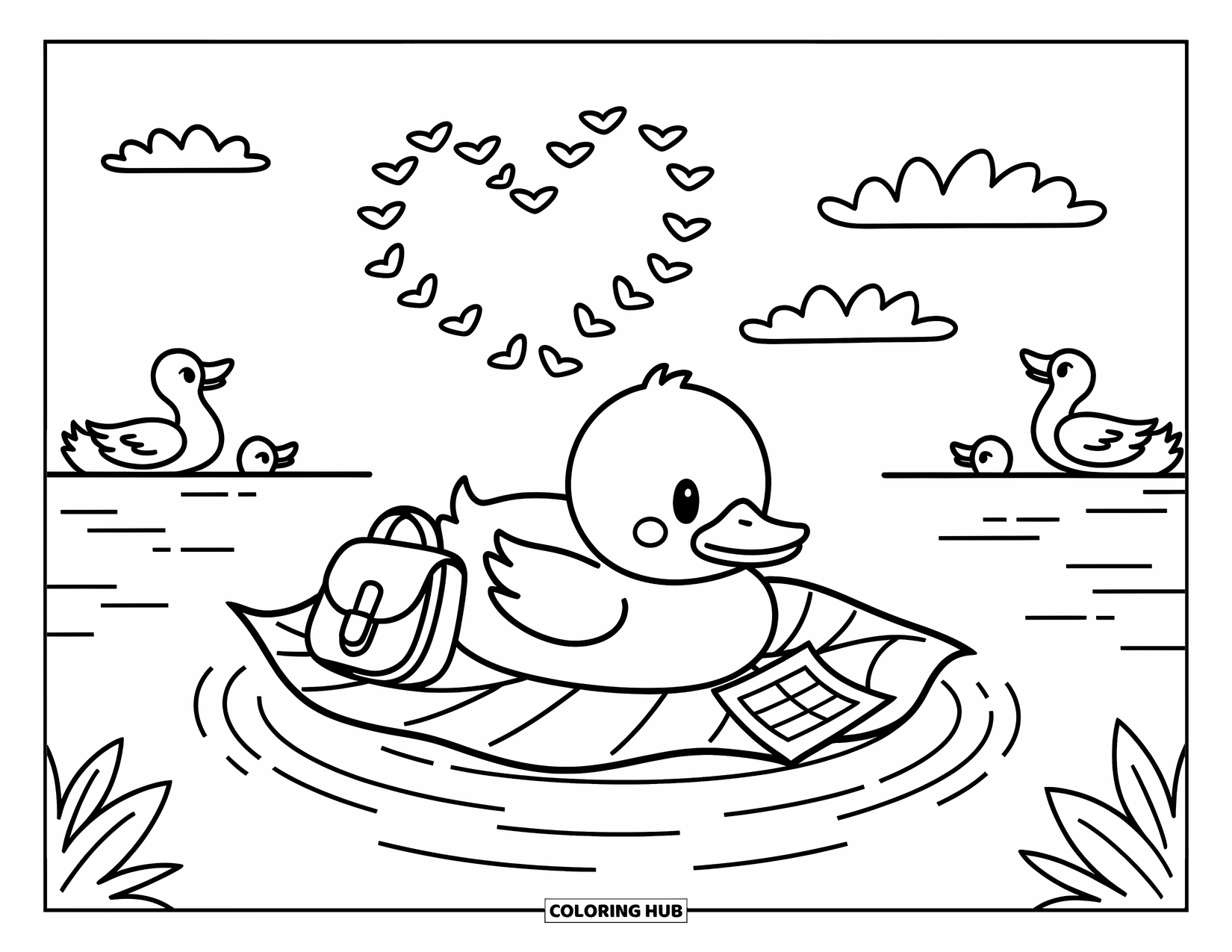 Baby Duck Coloring Page for Adults: A baby duck rests on a leaf raft as birds form a heart overhead