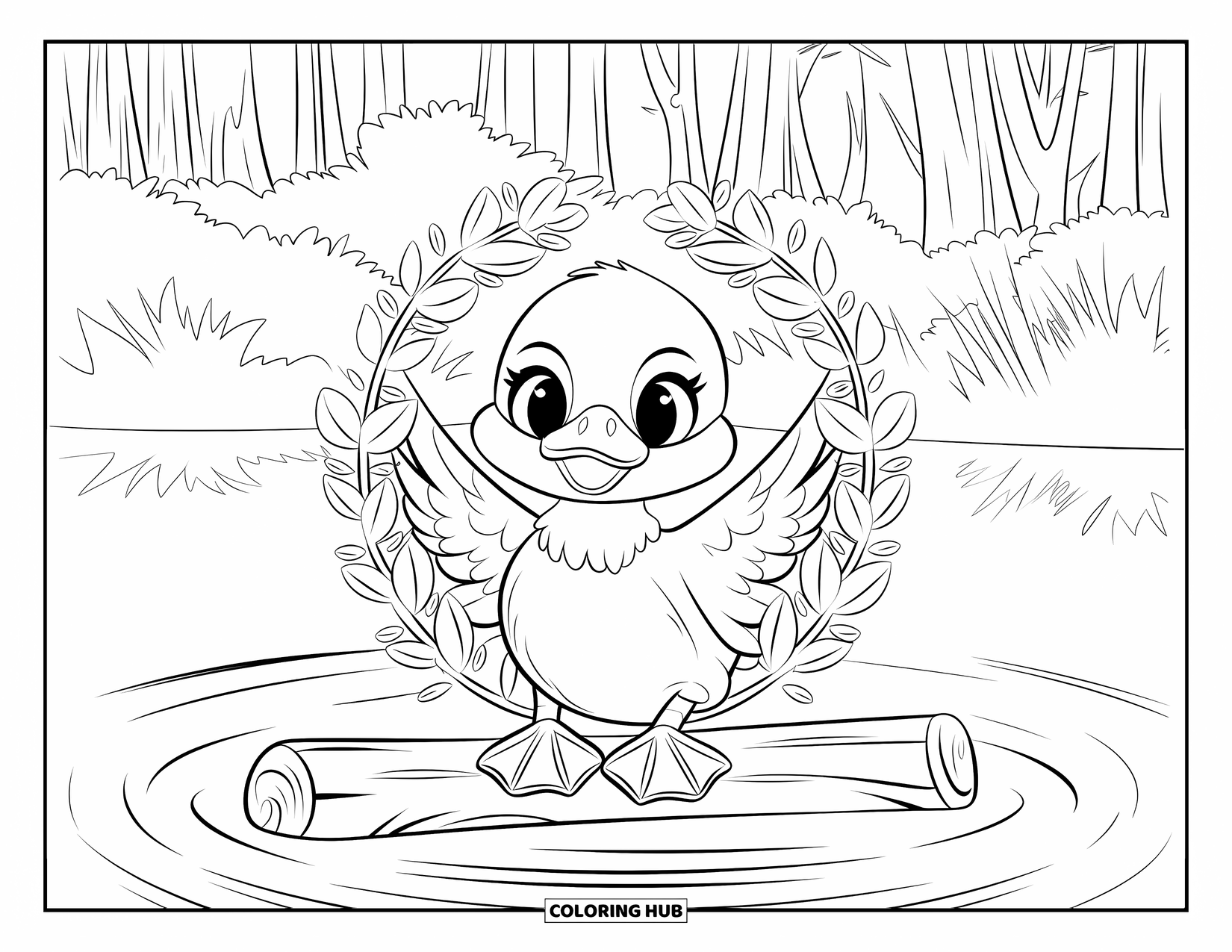 Baby Duck Coloring Page for Adults: A baby duck rests on a log in a lake, surrounded by feathered and leafy patterns