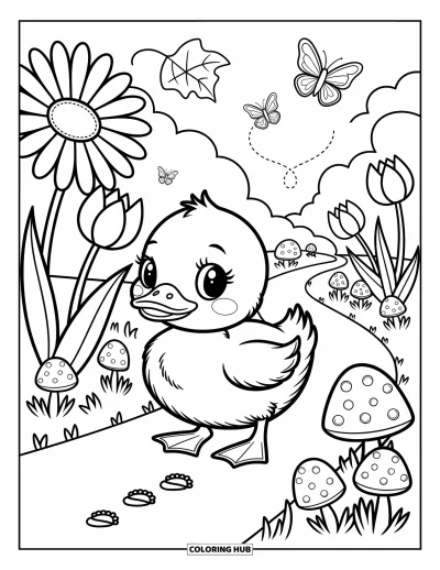 Entenküken-Ausmalbild für Erwachsene: Ein Entenküken watschelt einen Weg entlang, gesäumt von Gänseblümchen, Tulpen und Pilzen