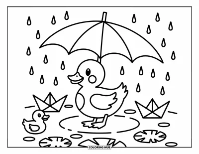 Entenküken-Ausmalbild für Erwachsene: Eine fröhliche Ente läuft mit einem Blatt-Regenschirm, Papierboote treiben in der Nähe