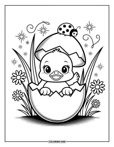 Entenküken-Ausmalbild für Erwachsene: Eine neugierige Ente lugt aus einer Eierschale mit Gänseblümchen und funkelnden Doodle-Sternen