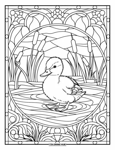 Entenküken-Ausmalbild für Erwachsene: Eine Ente erscheint in einem Buntglas-Design mit fließendem Wasser und Blätterdetails