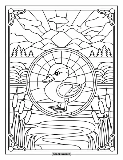 Entenküken-Ausmalbild für Erwachsene: Eine Ente schwimmt in einer Buntglas-Szene mit Wasser und Rohrkolben