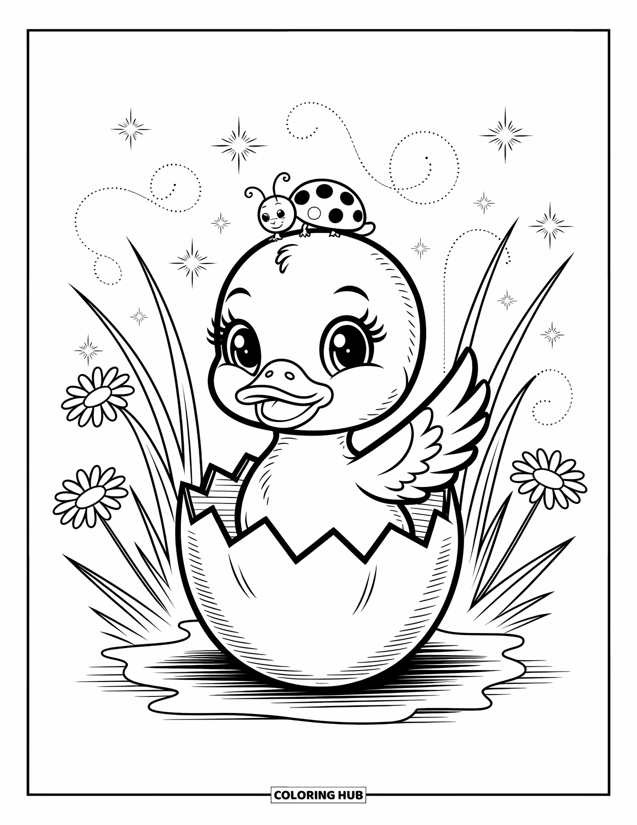 Baby Duck Coloring Page for Adults: A duck hatches among daisies and stars as a ladybug sits on its eggshell