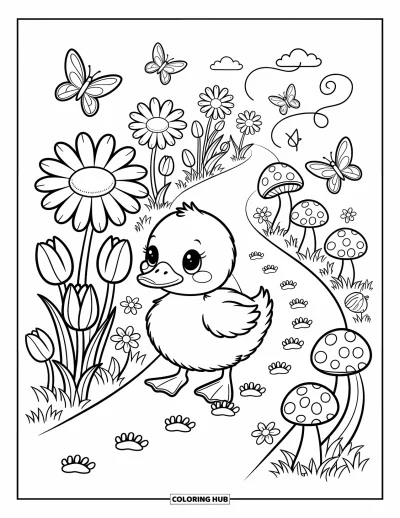 Entenküken-Ausmalbild für Erwachsene: Eine Ente hinterlässt Fußabdrücke auf einem Weg mit Tulpen, Pilzen und einem schwebenden Blatt
