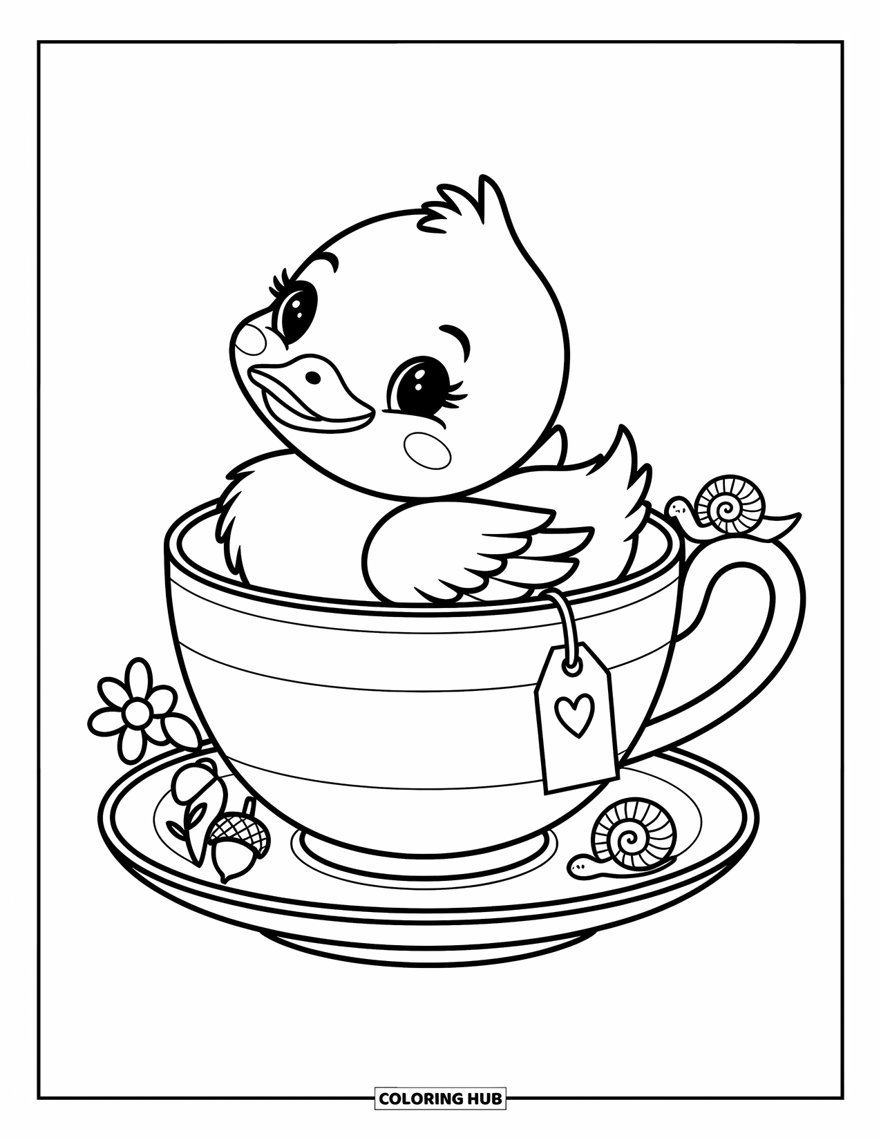 Baby Duck Coloring Page for Adults: A duck peeks from a teacup while a snail climbs and doodles add charm