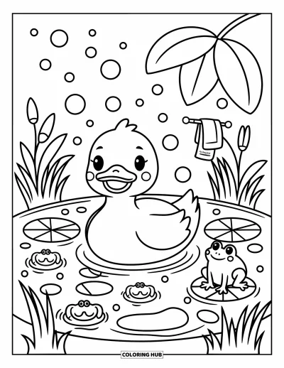 Entenküken-Ausmalbild für Erwachsene: Eine Ente entspannt sich in einem Teich unter einem Blatt-Regenschirm neben Seerosen und einem Frosch