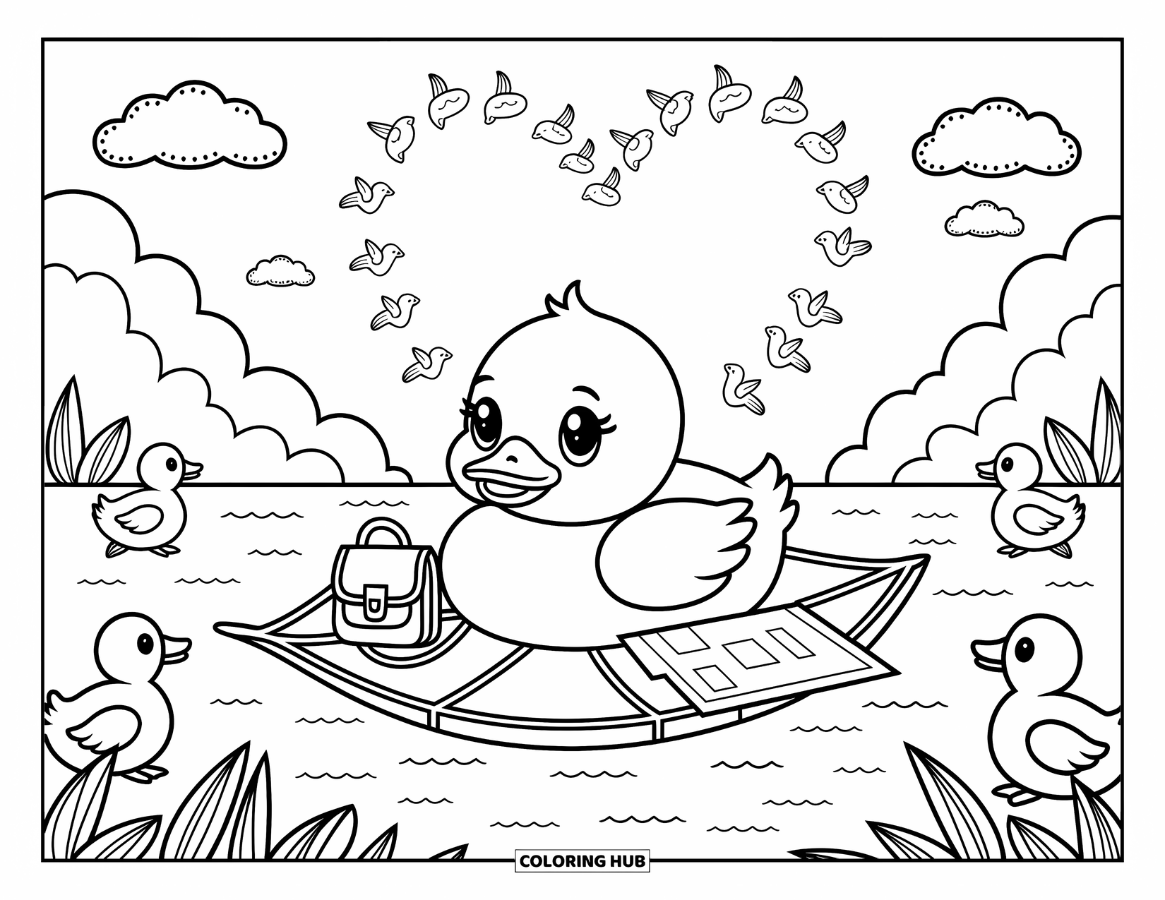 Baby Duck Coloring Page for Adults: A duck relaxes on a leafy raft as birds form a heart in the sky