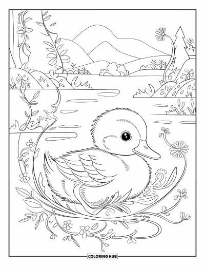 Entenküken-Ausmalbild für Erwachsene: Eine Ente ruht zwischen geschwungenen Ranken und blühenden Frühlingsblumen