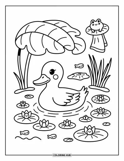 Entenküken-Ausmalbild für Erwachsene: Eine Ente ruht in einem Seerosenteich, ein Frosch schaut zu und ein Handtuch hängt daneben