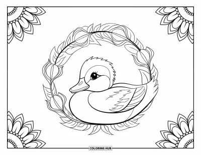Entenküken-Ausmalbild für Erwachsene: Eine Ente ruht in einem Blumenkranz mit detaillierten Mustern und Rändern