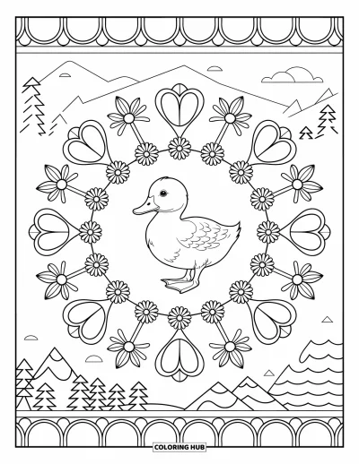 Entenküken-Ausmalbild für Erwachsene: Eine Ente sitzt in einem Blumen-Mandala vor einer malerischen Berglandschaft