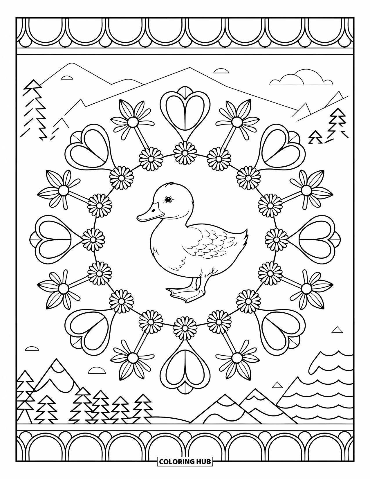 Baby Duck Coloring Page for Adults: A duck sits in a floral mandala set in a scenic mountain landscape