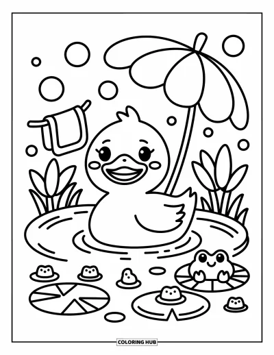 Entenküken-Ausmalbild für Erwachsene: Eine Ente sitzt in einem Teich mit Seifenblasen, Kaulquappen und einem beobachtenden Frosch