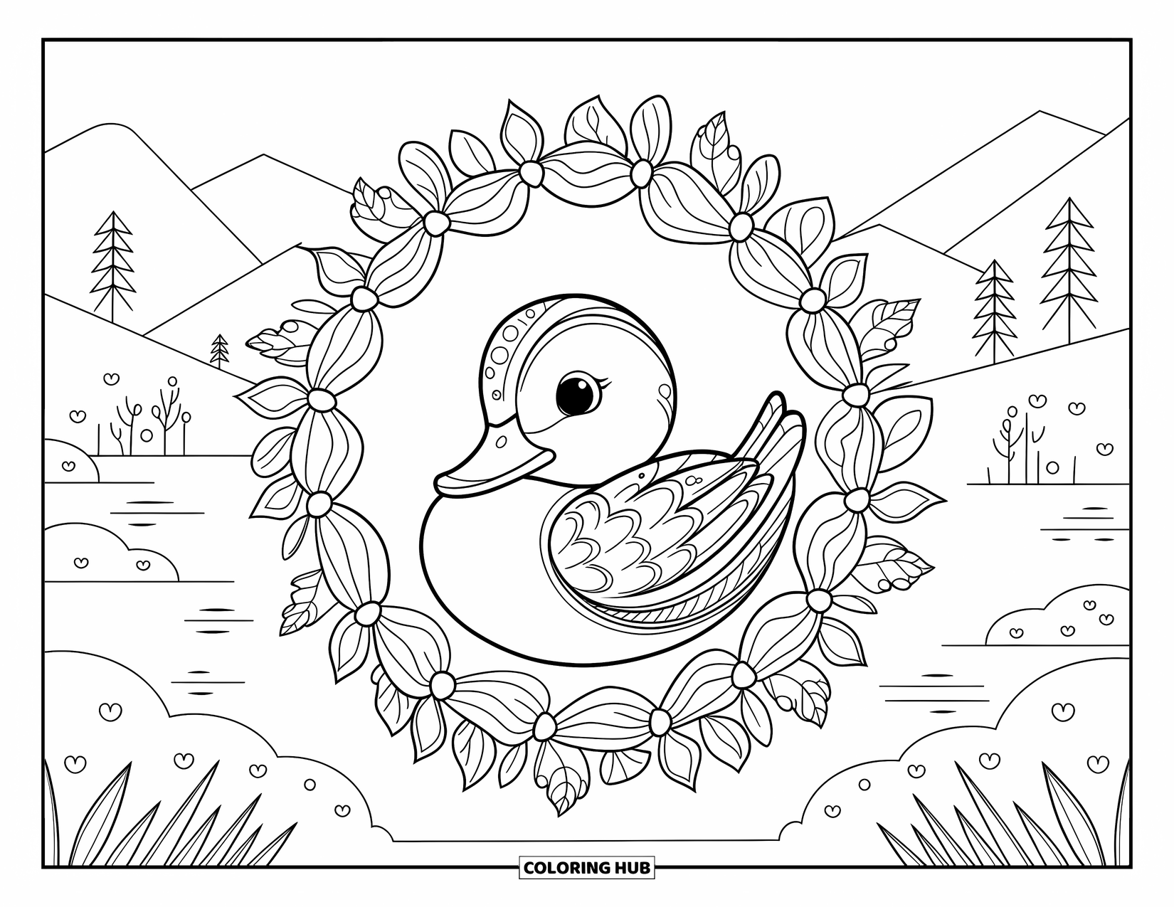 Baby Duck Coloring Page for Adults: A duck sits inside a floral wreath by a peaceful mountain lake