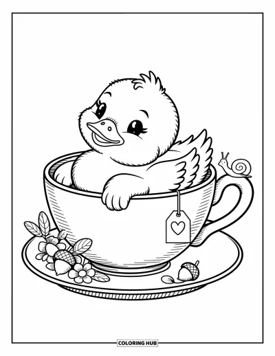 Entenküken-Ausmalbild für Erwachsene: Eine Ente lächelt aus einer Teetasse, während eine Schnecke klettert und Doodles die Szene schmücken