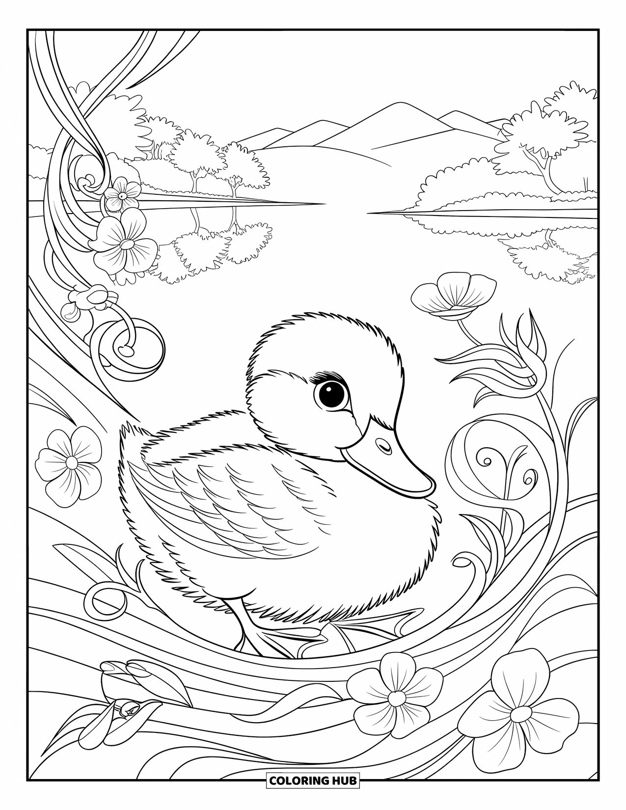 Baby Duck Coloring Page for Adults: A duck snuggles in spring vines near a lake with mountain views