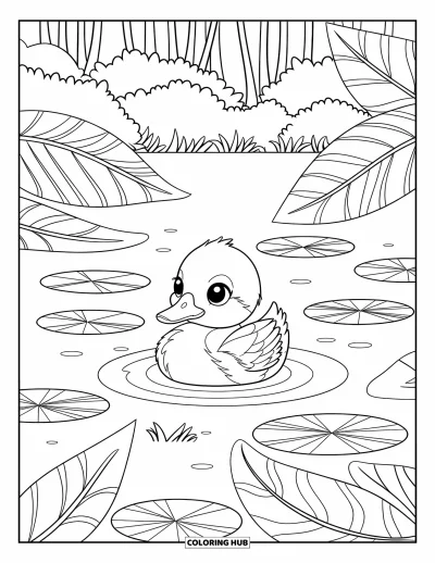 Entenküken-Ausmalbild für Erwachsene: Eine Ente schwimmt in einem ruhigen Teich mit kunstvollen Blättern, Seerosenpads und Wellen