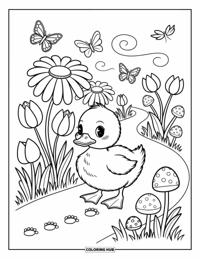 Entenküken-Ausmalbild für Erwachsene: Eine Ente watschelt an Blumen und Pilzen vorbei, Schmetterlinge flattern dahinter