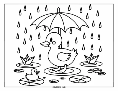 Entenküken-Ausmalbild für Erwachsene: Eine Ente watschelt unter einem belaubten Schirm, Boote und Pfützen ringsum
