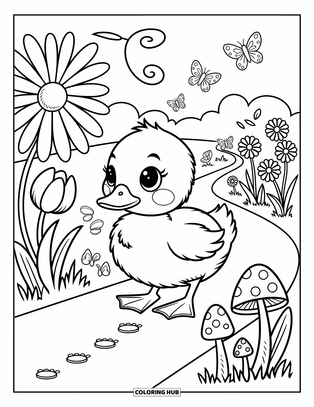 Baby Duck Coloring Page for Adults: A duck walks along a garden path with tulips, butterflies, and curly breeze lines