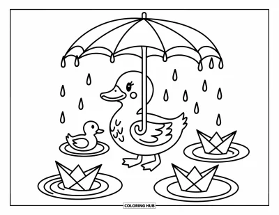 Entenküken-Ausmalbild für Erwachsene: Eine Ente läuft im sanften Regen unter einem großen Blatt, winzige Papierboote schwimmen umher