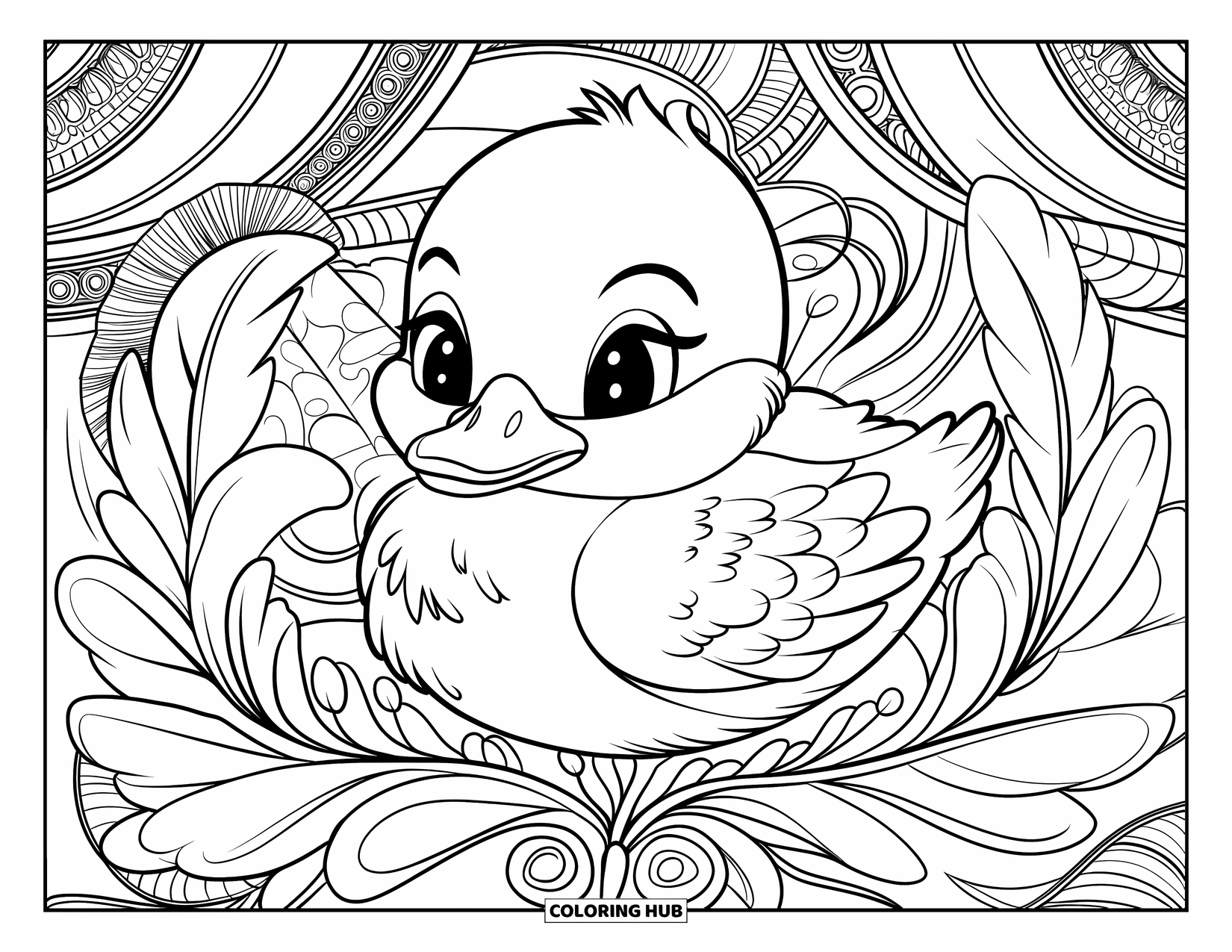Baby Duck Coloring Page for Adults: A peaceful duck sits in the center of feathers and flowing floral designs