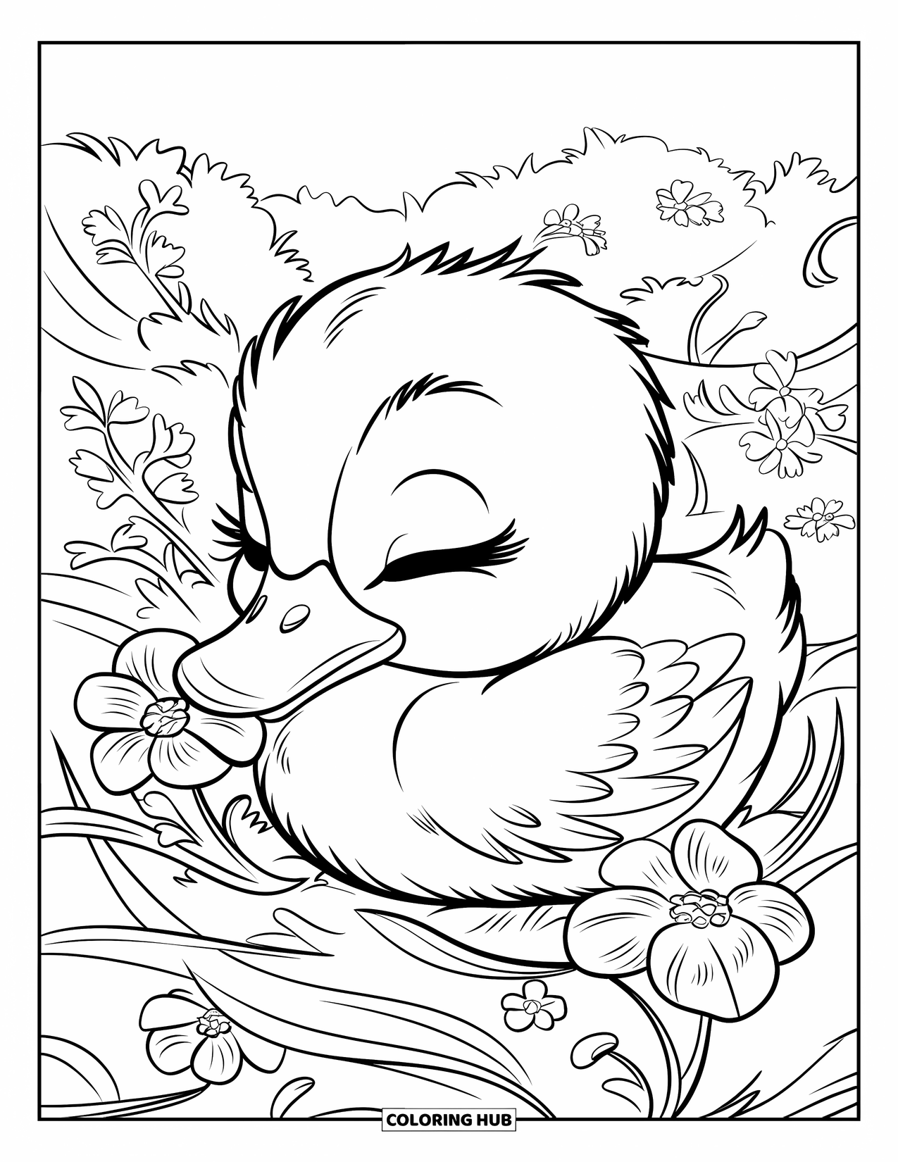 Baby Duck Coloring Page for Adults: A sleepy duck nestles among soft flowers and curling vines