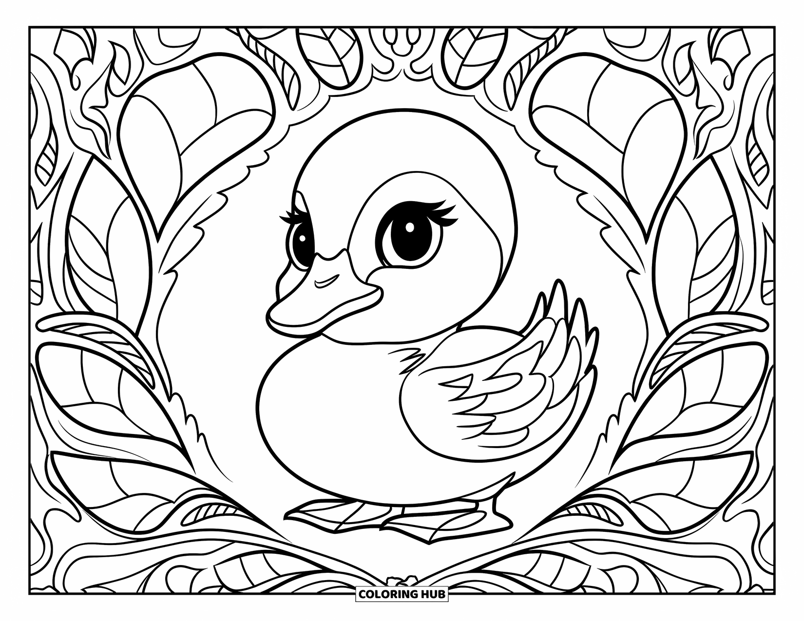 Baby Duck Coloring Page for Adults: A tucked-wing duck is framed by feathers and elegant botanical swirls