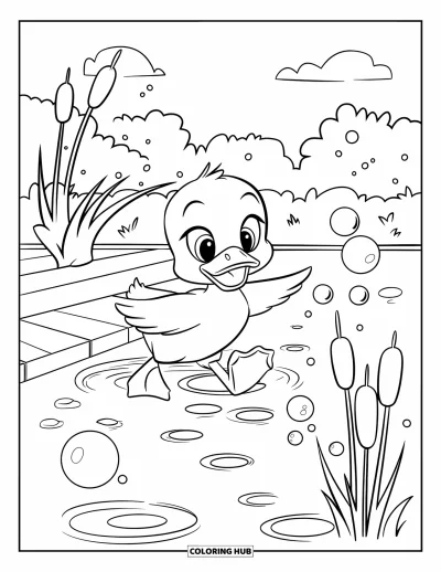 Entenküken-Ausmalbild für Kinder: Ein Entenküken jagt Seifenblasen an einem Teich mit Rohrkolben und einem Holzsteg
