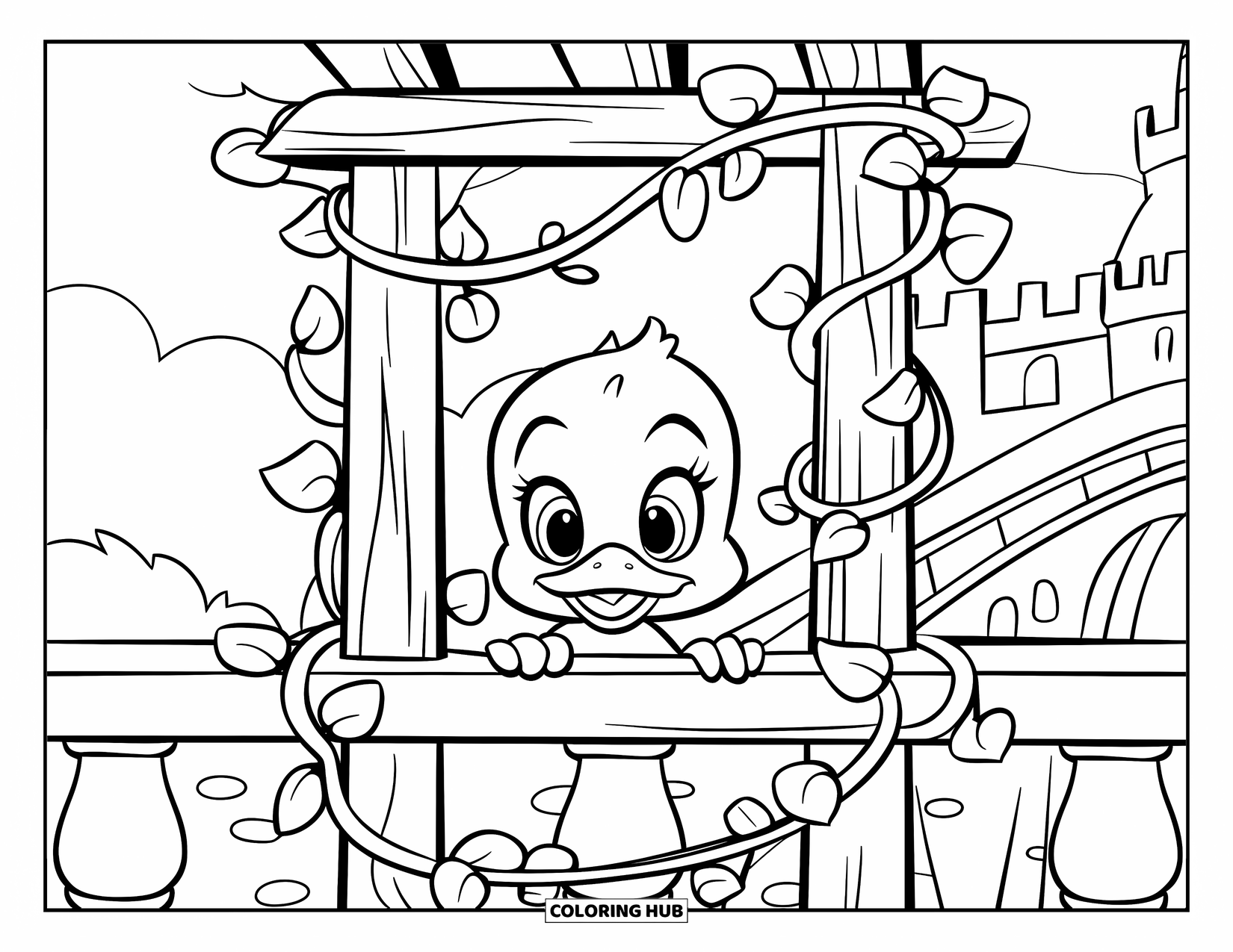 Baby Duck Coloring Page for Kids: A baby duck peeks from a trellis with heart-shaped vines near a castle